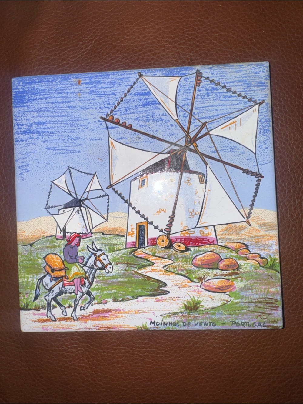 Vintage Portuguese Ceramic Tile "Moinhos de Vento" Windmills, Portugal Souvenir